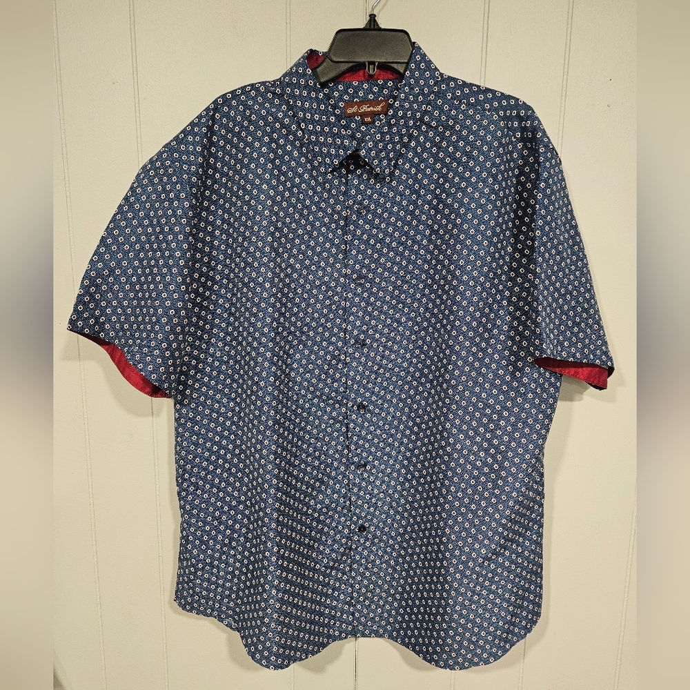 St. Patrick XXL Blue Floral Polka-Dot Microfiber Short Sleeve Button Down Shirt